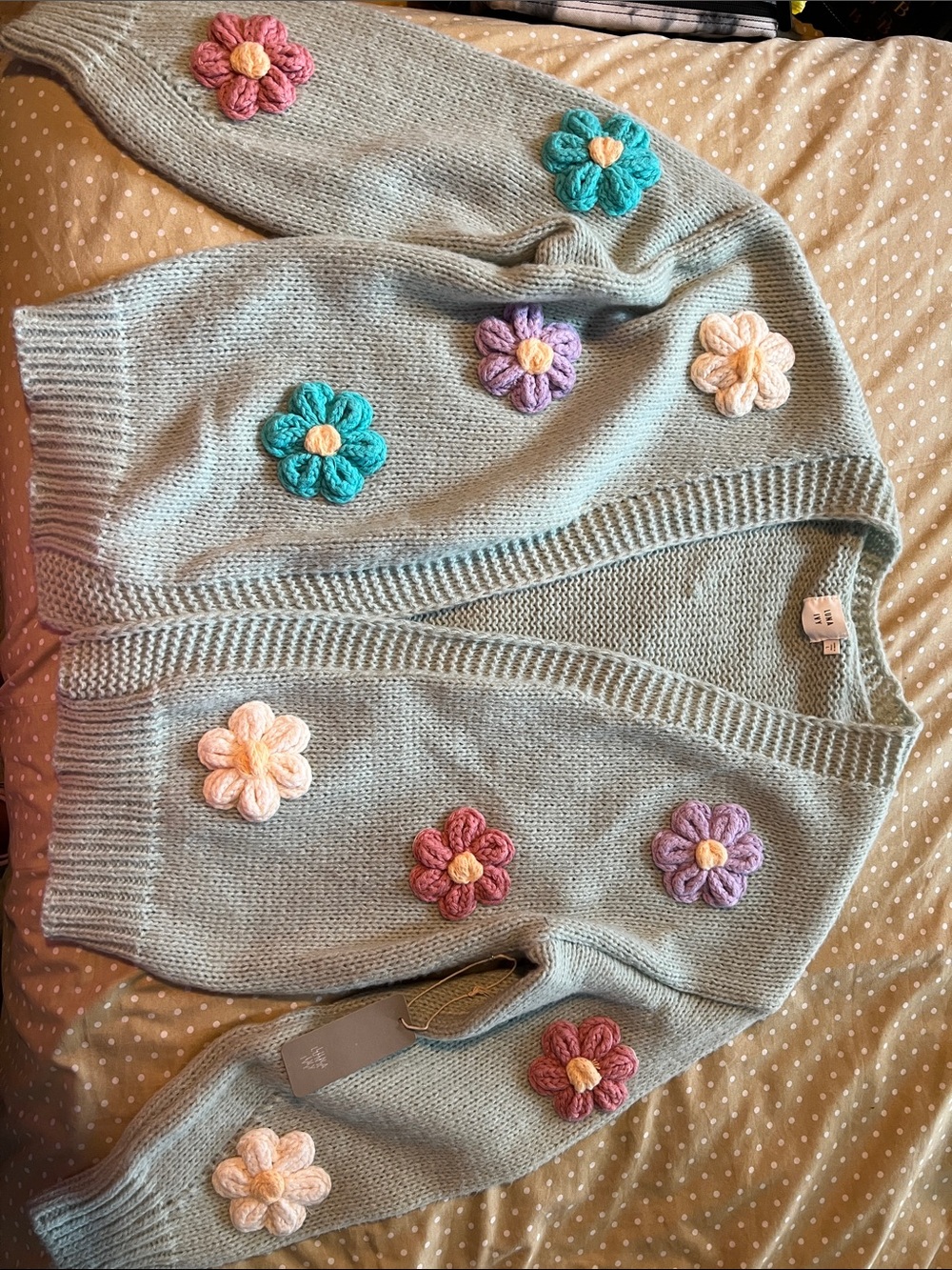 Light Green Floral Applique Cardigan Sweater - Women